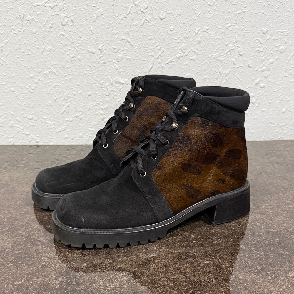 Stuart Weitzman Square‎ Toe Combat Boots Leopard Print Suede Boots Size 6.5
